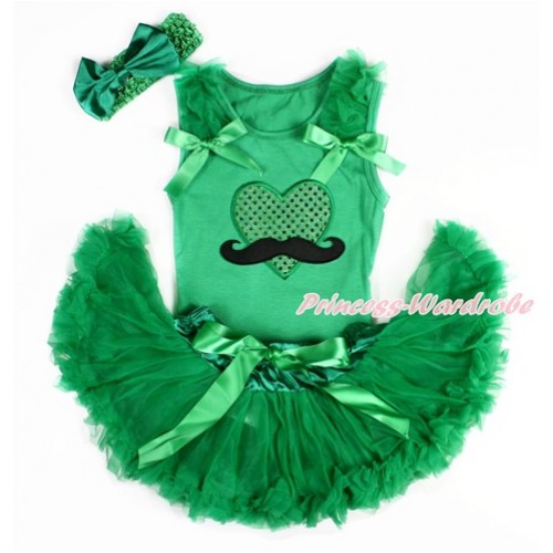 Valentine's Day Kelly Green Baby Pettitop with Kelly Green Ruffles & Kelly Green Bows with Mustache Sparkle Kelly Green Heart Print & Kelly Green Newborn Pettiskirt With Kelly Green Headband Kelly Green Satin Bow BG118 