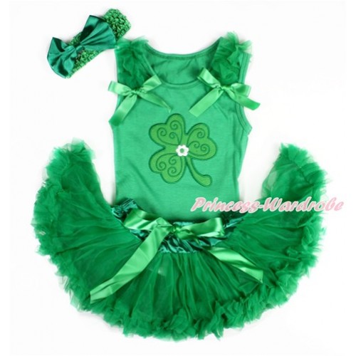 St Patrick's Day Kelly Green Baby Pettitop with Kelly Green Ruffles & Kelly Green Bows with Clover Print & Kelly Green Newborn Pettiskirt With Kelly Green Headband Kelly Green Satin Bow BG117 