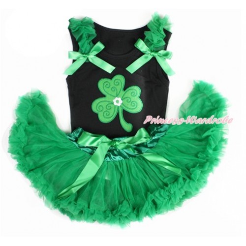 St Patrick's Day Black Baby Pettitop with Kelly Green Ruffles & Kelly Green Bow with Clover Print with Kelly Green Newborn Pettiskirt NG1411 