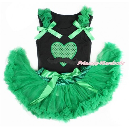 Valentine's Day Black Baby Pettitop with Kelly Green Ruffles & Kelly Green Bow with Mustache Sparkle Kelly Green Heart Print with Kelly Green Newborn Pettiskirt NG1413 