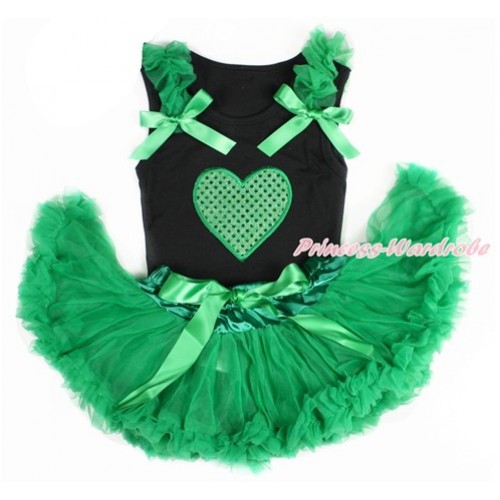 Valentine's Day Black Baby Pettitop with Kelly Green Ruffles & Kelly Green Bow with Sparkle Kelly Green Heart Print with Kelly Green Newborn Pettiskirt NG1414 