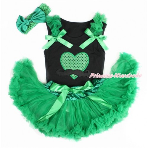 Valentine's Day Black Baby Pettitop with Kelly Green Ruffles & Kelly Green Bows with Mustache Sparkle Kelly Green Heart Print & Kelly Green Newborn Pettiskirt With Kelly Green Headband Kelly Green Satin Bow NG1417 
