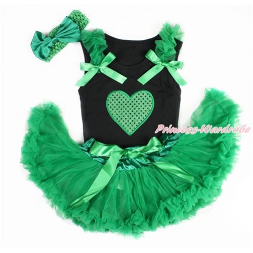 Valentine's Day Black Baby Pettitop with Kelly Green Ruffles & Kelly Green Bows with Sparkle Kelly Green Heart Print & Kelly Green Newborn Pettiskirt With Kelly Green Headband Kelly Green Satin Bow NG1418 