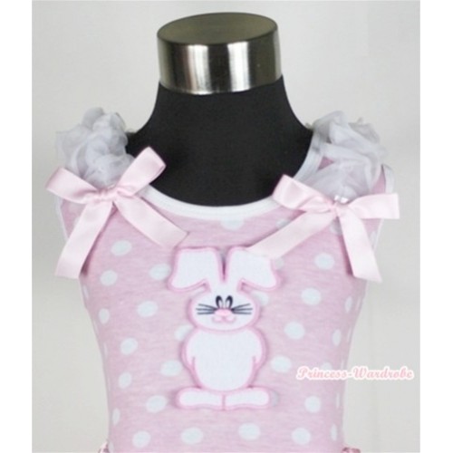 Light Pink White Dots Tank Top With Bunny Rabbit Print With White Ruffles & Light Pink Bows TP126 