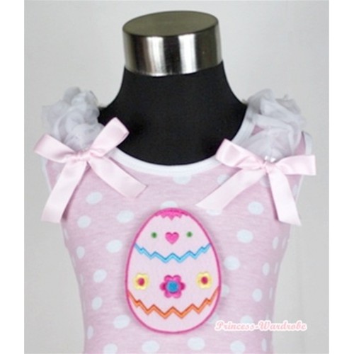 Light Pink White Dots Tank Top With Easter Egg Print With White Ruffles & Light Pink Bows TP127 