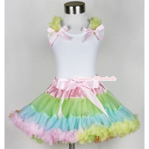 White Tank Top With Yellow Ruffles & Light Pink Bows With Light-Colored Rainbow Pettiskirt MN101 