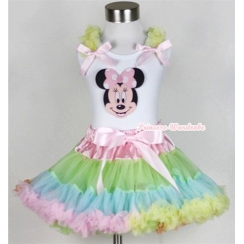 White Tank Top with Light Pink Minnie Print with Yellow Ruffles & Light Pink Bow & Light-Colored Rainbow Pettiskirt MG376 