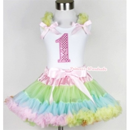 White Tank Top with 1st Sparkle Light Pink Birthday Number Print with Yellow Ruffles & Light Pink Bow & Light-Colored Rainbow Pettiskirt MG380 