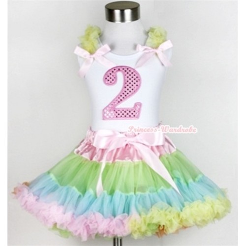 White Tank Top with 2nd Sparkle Light Pink Birthday Number Print with Yellow Ruffles & Light Pink Bow & Light-Colored Rainbow Pettiskirt MG381 
