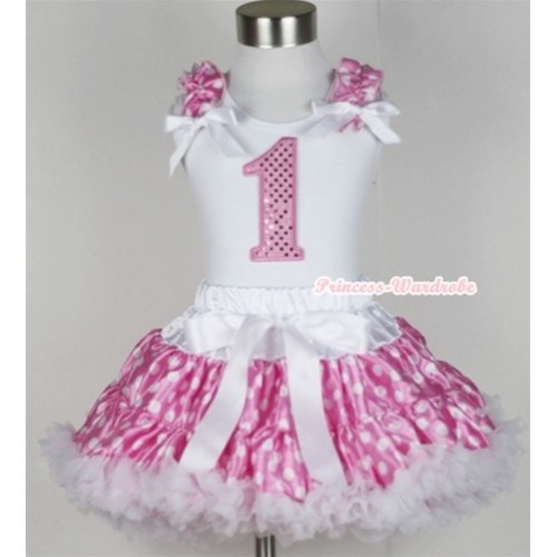 White Tank Top with 1st Sparkle Light Pink Birthday Number Print with Hot Pink White Dots Ruffles & White Bow & Hot Pink White Polka Dots Pettiskirt MG389 