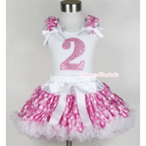 White Tank Top with 2nd Sparkle Light Pink Birthday Number Print with Hot Pink White Dots Ruffles & White Bow & Hot Pink White Polka Dots Pettiskirt MG390 