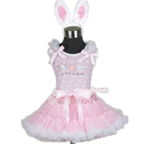 Light Pink White Dots Tank Top with Bunny Rabbit Egg Print with White Ruffles& Light Pink Bow & Light Pink White Pettiskirt With White Rabbit Costume MH063 