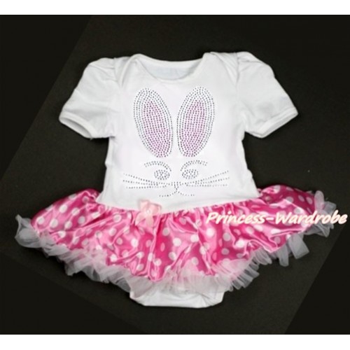 Easter White Baby Jumpsuit Hot Pink White Dots Pettiskirt with Sparkle Crystal Bling Rhinestone Bunny Rabbit Print JS3132 