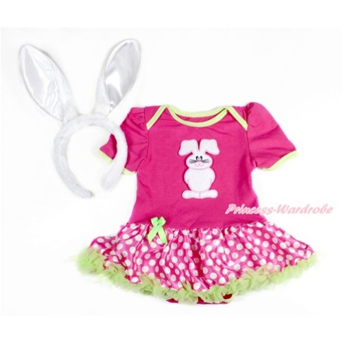 Easter Hot Pink Baby Jumpsuit Hot Pink White Dots Pettiskirt With Bunny Rabbit Print With Rabbit Headband JS3143 