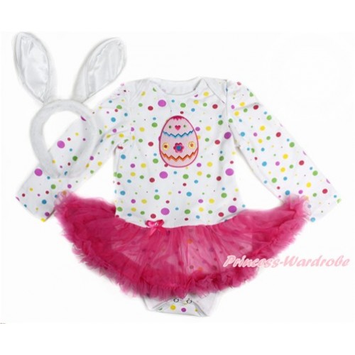 Easter White Rainbow Dots Long Sleeve Baby Bodysuit Jumpsuit Hot Pink Pettiskirt With Easter Egg Print & Rabbit Headband JS3161 