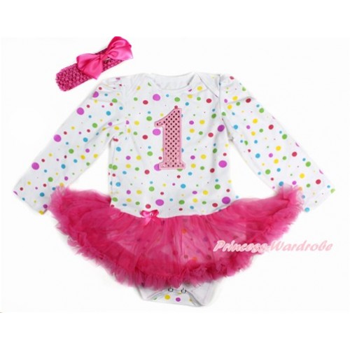 White Rainbow Dots Long Sleeve Baby Bodysuit Jumpsuit Hot Pink Pettiskirt With Sparkle 1st Light Pink Birthday Number Print & Hot Pink Headband Hot Pink Silk Bow JS3165 