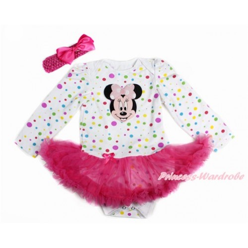 White Rainbow Dots Long Sleeve Baby Bodysuit Jumpsuit Hot Pink Pettiskirt With Light Pink Minnie Print & Hot Pink Headband Hot Pink Silk Bow JS3167 