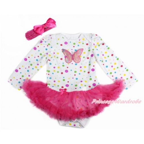 White Rainbow Dots Long Sleeve Baby Bodysuit Jumpsuit Hot Pink Pettiskirt With Rainbow Butterfly Print & Hot Pink Headband Hot Pink Silk Bow JS3168 