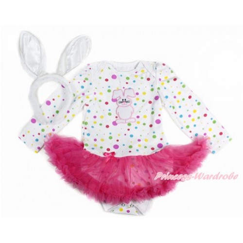 Easter White Rainbow Dots Long Sleeve Baby Bodysuit Jumpsuit Hot Pink Pettiskirt With Bunny Rabbit Print & Rabbit Headband JS3162 