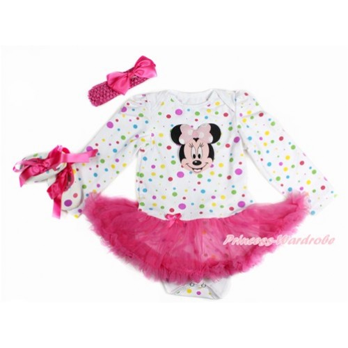 White Rainbow Dots Long Sleeve Baby Bodysuit Jumpsuit Hot Pink Pettiskirt With Light Pink Minnie Print With Hot Pink Headband Hot Pink Silk Bow & Hot Pink Ribbon White Rainbow Dots Shoes JS3181 