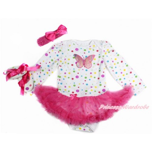 White Rainbow Dots Long Sleeve Baby Bodysuit Jumpsuit Hot Pink Pettiskirt With Rainbow Butterfly Print With Hot Pink Headband Hot Pink Silk Bow & Hot Pink Ribbon White Rainbow Dots Shoes JS3182 
