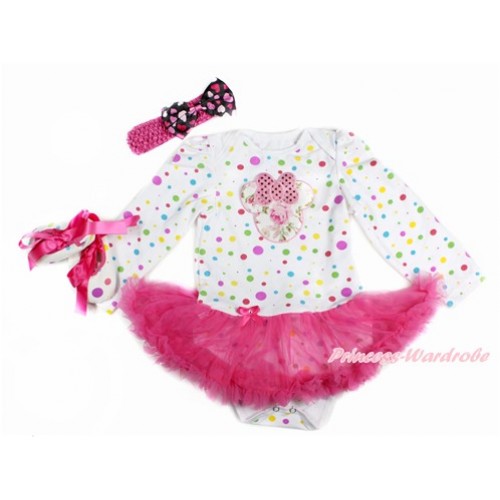 White Rainbow Dots Long Sleeve Baby Bodysuit Jumpsuit Hot Pink Pettiskirt With Sparkle Light Pink Rose Minnie Print With Hot Pink Headband Hot Light Pink Heart Satin Bow & Hot Pink Ribbon White Rainbow Dots Shoes JS3183 