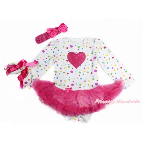 Valentine's Day White Rainbow Dots Long Sleeve Baby Bodysuit Jumpsuit Hot Pink Pettiskirt With Hot Pink Heart Print With Hot Pink Headband Hot Pink Silk Bow & Hot Pink Ribbon White Rainbow Dots Shoes JS3180 