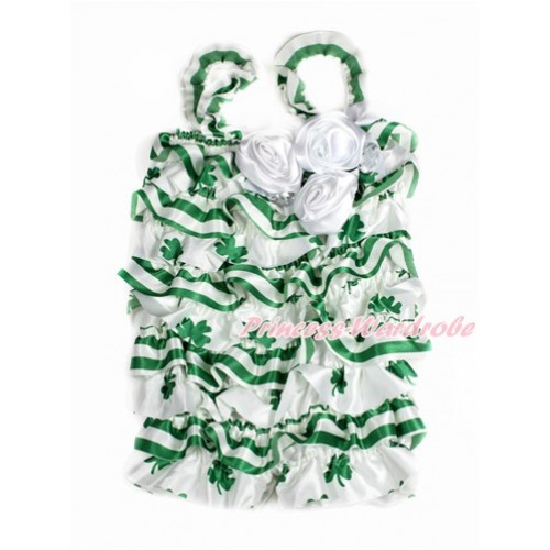 St Patrick's Day Green White Striped Clover Petti Romper with White Bow & Straps & Bunch of White Satin Rosettes& Crystal LR178 