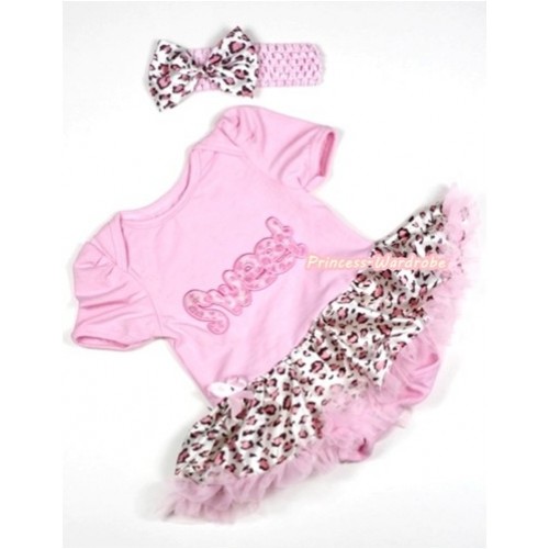 Light Pink Baby Jumpsuit Light Pink Leopard Pettiskirt With Sweet Print With Light Pink Headband Light Pink Leopard Satin Bow JS258 