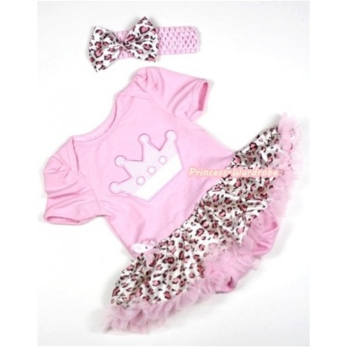 Light Pink Baby Jumpsuit Light Pink Leopard Pettiskirt With Crown Print With Light Pink Headband Light Pink Leopard Satin Bow JS259 