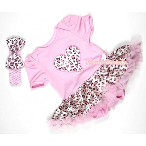 Light Pink Baby Jumpsuit Light Pink Leopard Pettiskirt With Light Pink Leopard Heart Print With Light Pink Headband Light Pink Leopard Satin Bow JS265 