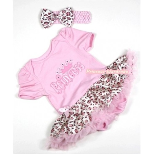 Light Pink Baby Jumpsuit Light Pink Leopard Pettiskirt With Princess Print With Light Pink Headband Light Pink Leopard Satin Bow JS266 