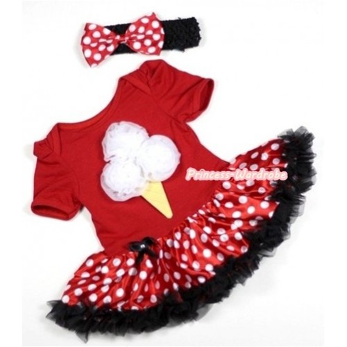 Red Baby Jumpsuit Minnie Dots Pettiskirt With White Rosettes Ice Cream Print With Black Headband Minnie Dots Satin Bow JS267 