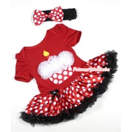 Red Baby Jumpsuit Minnie Dots Pettiskirt With White Rosettes Minnie Dots Birthday Cake Print With Black Headband Minnie Dots Satin Bow JS268 
