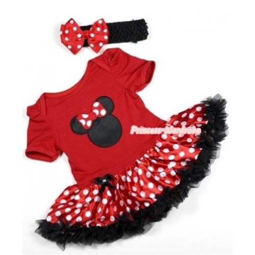 Red Baby Jumpsuit Minnie Dots Pettiskirt With Minnie Print With Black Headband Red White Polka Dots Ribbon Bow JS270 
