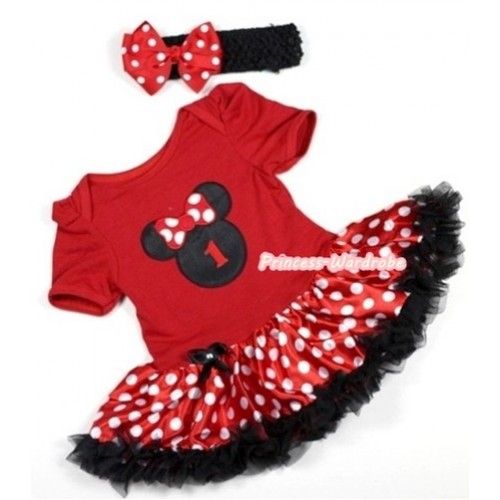 Red Baby Jumpsuit Minnie Dots Pettiskirt With 1st Birthday Number Minnie Print With Black Headband Red White Polka Dots Ribbon Bow JS271 