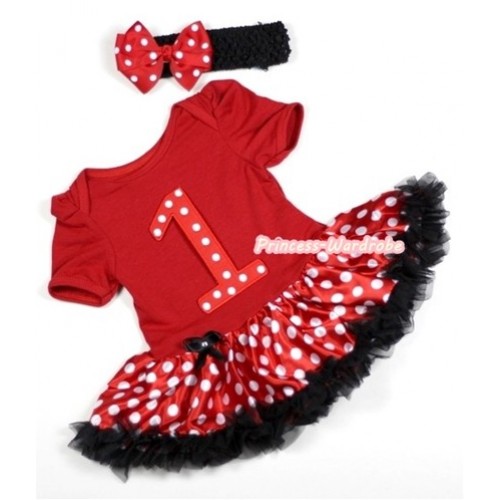 Red Baby Jumpsuit Minnie Dots Pettiskirt With 1st Red White Polka Dots Birthday Number Print With Black Headband Red White Polka Dots Ribbon Bow JS275 