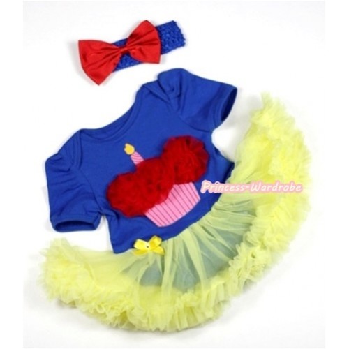 Royal Blue Baby Jumpsuit Yellow Pettiskirt With Red Rosettes Birthday Cake Print With Royal Blue Headband Red Satin Bow JS277 