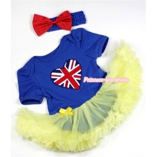 Royal Blue Baby Jumpsuit Yellow Pettiskirt With Patriotic British Heart Print With Royal Blue Headband Red Satin Bow JS278 