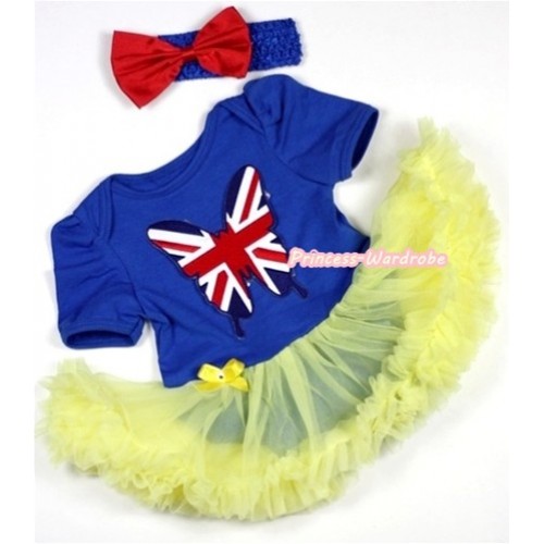 Royal Blue Baby Jumpsuit Yellow Pettiskirt With Patriotic British Flag Butterfly Print With Royal Blue Headband Red Satin Bow JS280 