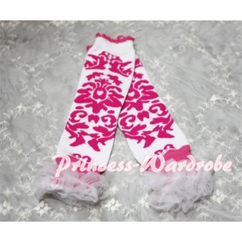 Newborn Baby Hot Pink Pattern White Leg Warmers Leggings with Ruffles LG121 