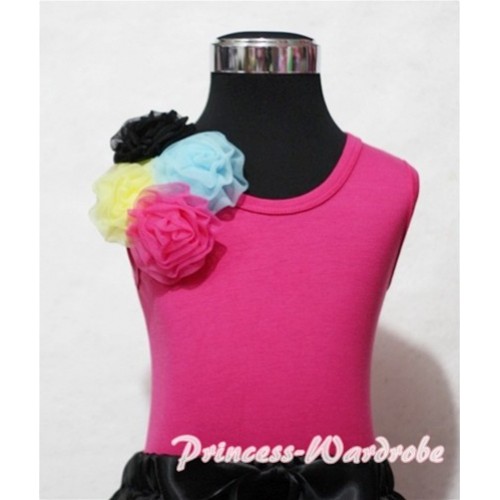 Hot Pink Tank Top with Bunch of Black Yellow Light Blue Hot Pink Rosettes TR26 