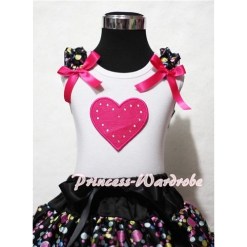 Hot Pink Sweet Heart White Tank Top with Rainbow Polka Dot Ruffles Hot Pink Bows TB151 