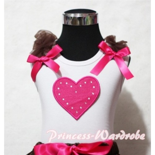 Hot Pink Sweet Heart White Tank Top with Brown Ruffles Hot Pink Bows TB152 