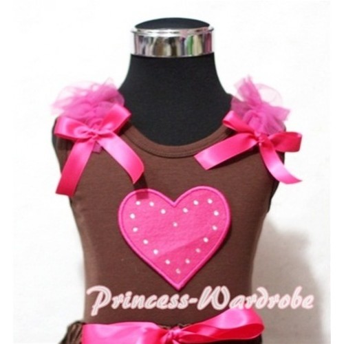 Hot Pink Sweet Heart Brown Tank Top with Hot Pink Ruffles Hot Pink Bows TM174 