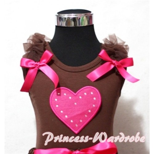 Hot Pink Sweet Heart Brown Tank Top with Brown Ruffles Hot Pink Bows TM175 