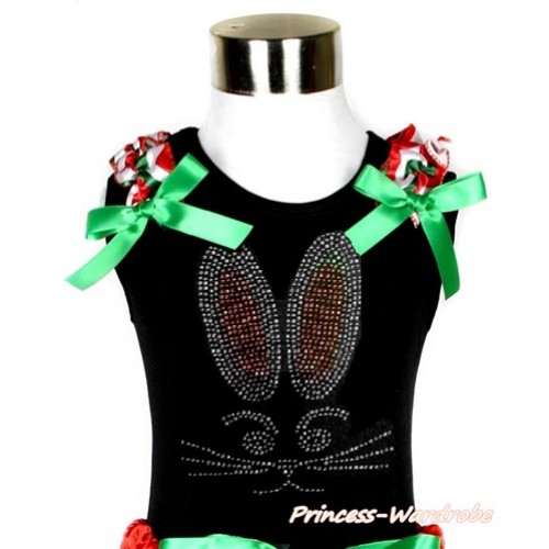 Easter Black Tank Top With Red White Green Wave Ruffles & Kelly Green Bow With Sparkle Crystal Bling Rhinestone Bunny Rabbit Print TB679 