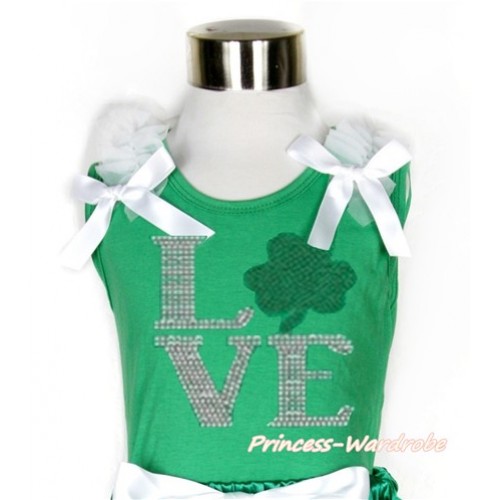 St Patrick's Day Kelly Green Tank Top With White Ruffles & White Bow With Sparkle Crystal Bling Rhinestone Love Clover Print TM249 