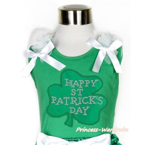 St Patrick's Day Kelly Green Tank Top With White Ruffles & White Bow With Sparkle Crystal Bling Rhinestone Clover Print TM250 
