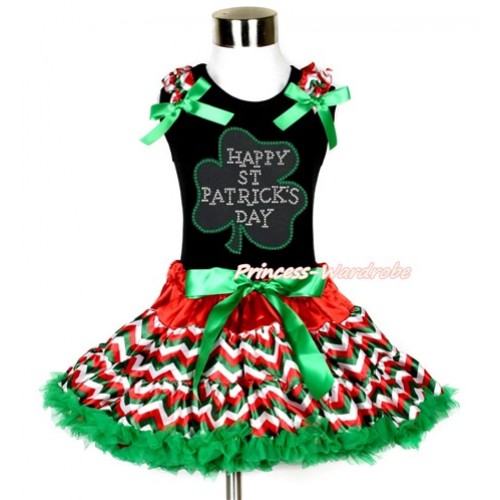 St Patrick's Day Black Tank Top with Red White Green Wave Ruffles & Kelly Green Bow with Sparkle Crystal Bling Rhinestone Clover Print & Red White Green Wave Pettiskirt MG1067 